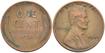 США 1 ЦЕНТ 1944 ЛИНКОЛЬН KM А132 медь цинк 218-148