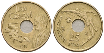 Испания 25 песет 1991 Олимпийские игры в Барселоне 1992 года, прыжки в высоту, Хуан Карлос I (1975-2014) KM 851 никель бронза 4577-414