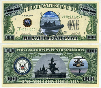 США 1000000 долларов 2001 сувенирная банкнота, серия армия США, ВМФ, Джон Буш, Коллин Пауэл бумага UNC (пресс) 7203-12-2
