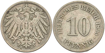 ГЕРМАНИЯ 10 ПФЕННИГОВ 1899 A KM 12, J. 13 медно-никель 4401-1124