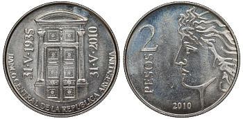 Аргентина 2 песо 2010 75 лет Центральному Банку KM 162 медно-никель UNC 4394-1115