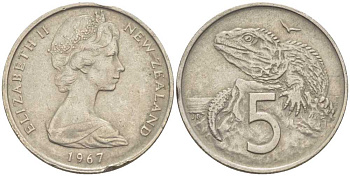 Новая Зеландия 5 центов 1967 Елизавета II (1952-2022), ящерица гаттерия KM 34.1 медно-никель 105-742