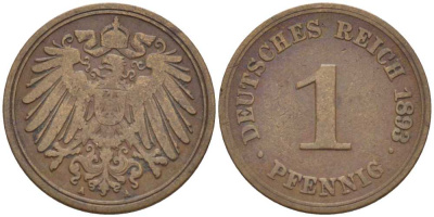 ГЕРМАНИЯ 1 ПФЕННИГ 1893 A KM 10, J. 10, Weege 2 медь 211-155