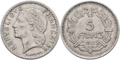 ФРАНЦИЯ 5 ФРАНКОВ 1947 OPEN 9 KM 888b.1 алюминий 4590-525