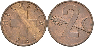 Швейцария 2 раппена 1969 KM 47 бронза 4592-616