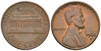 США 1 цент 1968 D, Авраам Линкольн  KM 201 медь цинк aUNC 220-845