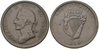 Ирландия 1 пенни 1816 Веллингтон, Эдвард Бьюли, рубчатый гурт Withers 1810, Davis?10 медь 1523-443