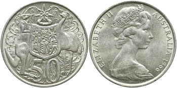 Австралия 50 центов 1966 Елизавета II (1952-2022), герб Австралии, кенгуру KM 67 серебро 84-1112