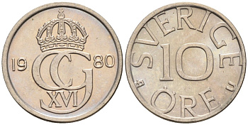 Швеция 10 эре 1980 Карл XVI Густав (1973- ) KM 850 медно-никель UNC 4585-428