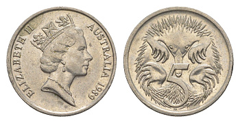 Австралия 5 центов 1989 Елизавета II (1952-2022), ехидна KM 80 медно-никель 4154-133