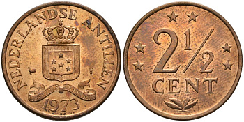 Нидерландские Антилы 2 1/2 цента 1973 Юлиана (1948-1980) KM 9 бронза 92-1212