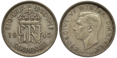 Великобритания 6 пенсов 1945 Георг VI (1936-1952) KM 852, Spink 4084 серебро 4538-554