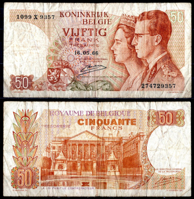Бельгия 50 франков 1966 Pick 139(3) бумага 6266-12-2-2