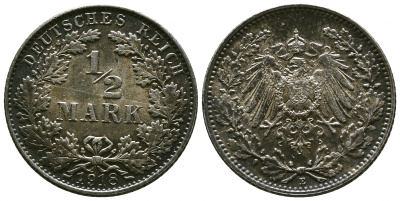 ГЕРМАНИЯ 1/2 МАРКИ 1918 E J. 16, KM 17 серебро aUNC 4381-525