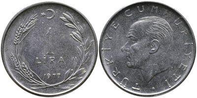 Турция 1 лира 1977 Мустафа Кемаль Ататюрк KM 889а.2 нержавеющая сталь 4541-526