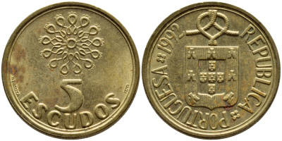 ПОРТУГАЛИЯ 5 ЭСКУДО 1992 KM 632 никель латунь 4395-933