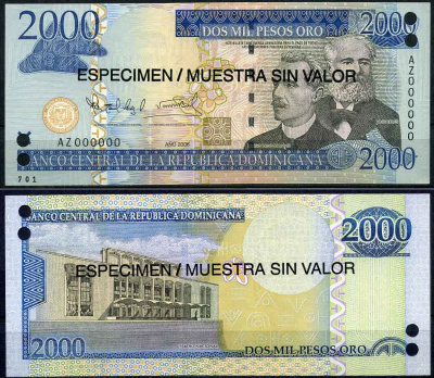 Доминиканская Республика 2000 песо 2006 образец, SPECIMEN Pick 181s бумага UNC (пресс) 2197-41-1-1