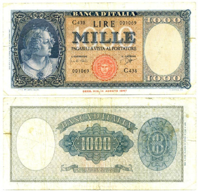 Италия 1000 лир 1947 изображение одной из трех граций(Сандро Боттичели), 1961 Pick 88d 7551-45-3-2