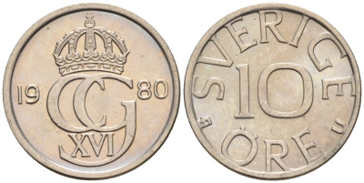 Швеция 10 эре 1980 Карл XVI Густав (1973- ) KM 850 медно-никель UNC 4585-428
