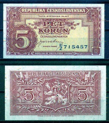 Чехословакия 5 крон ND (1945) перфорация. Образец, SPECIMEN. Pick 59 a бумага UNC (пресс) 2119-13-2-2