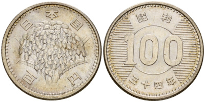 Япония 100 йен 1959 Год 34, Император Хирохито Сева (1926-1989) Y 78 серебро 4141-356