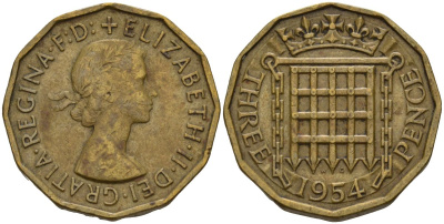Великобритания 3 пенса 1954 Елизавета II (1952-2022) KM 900, Spink 4153 никель латунь 4153-732