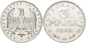 Германия 3 марки 1922 A, третья годовщина Веймарской Конституции KM 29, J.303 алюминий UNC 4587-224