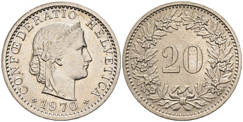 Швейцария 20 раппенов 1970 KM 29а медно-никель 4592-923