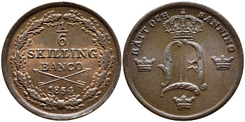 ШВЕЦИЯ 1/6 СКИЛЛИНГА 1854 ОСКАР I (1844-1859) KM 656 медь UNC 4396-224