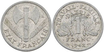 ФРАНЦИЯ 1 ФРАНК 1942 LB, ТИП LOURDЕ, ПРАВИТЕЛЬСТВО ВИШИ KM 902.1, LE FRANC 222.2 алюминий 4551-631