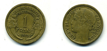Франция 1 франк 1939 тип Морлон KM 885, LE FRANC 219.10 алюминиевая бронза 84-434