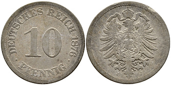 Германия 10 пфеннигов 1876 J, старогербовка KM 4, Jager 4, Weege 7 медно-никель 85-1034
