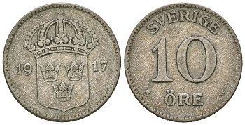 Швеция 10 эре 1917 W, Густав V (1907-1950) KM 780 серебро 4611-364