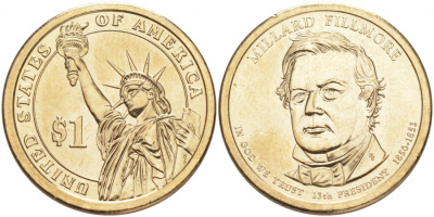 США 1 ДОЛЛАР 2010 P, СЕРИЯ ПРЕЗИДЕНТЫ США - МИЛЛАРД ФИЛЛМОР (1850-1853) KM 475 медь с марганцево-латунным покрытием UNC M31-11