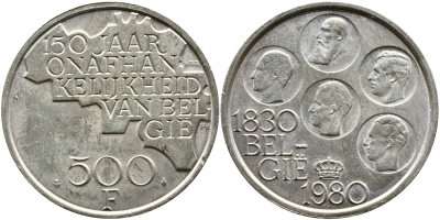 Бельгия 500 франков 1980 150 лет независимости, Belgie, Бодуэн I (1951-1993) KM 162 медно-никель покрытый серебром 79-814