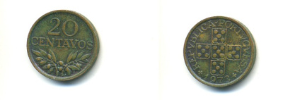 ПОРТУГАЛИЯ 20 СЕНТАВО 1973 KM 595 бронза 80-829