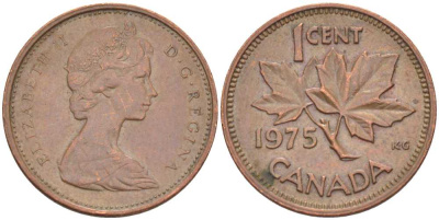 Канада 1 цент 1975 Елизавета II (1952-2022), кленовый лист KM 59.1 бронза 54-437