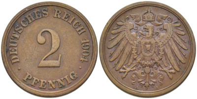 ГЕРМАНИЯ 2 ПФЕННИГА 1904 A KM 16, J. 11, Weege 4 медь 206-467
