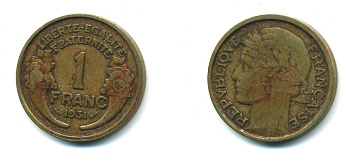 ФРАНЦИЯ 1 ФРАНК 1931 ТИП MORLON KM 885, LE FRANC 268.2 алюминиевая бронза 84-426