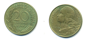 ФРАНЦИЯ 20 САНТИМОВ 1977 ТИП MARIANNE KM 930, LE FRANC 156.17 алюминиевая бронза 25-141