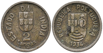 ПОРТУГАЛЬСКАЯ ИНДИЯ 2 ТАНГИ 1934 KM 20 медно-никель 100-1247