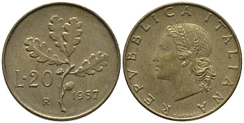 ИТАЛИЯ 20 ЛИР 1957 R, ДУБОВЫЙ ЛИСТ KM 97.1 алюминиевая бронза 34-1251