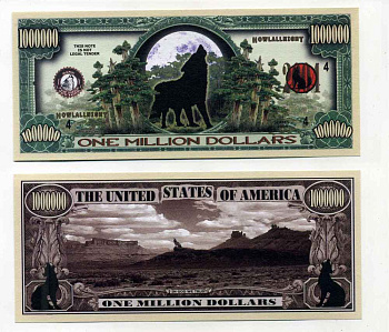 США 1000000 ДОЛЛАРОВ 2004 СУВЕНИРНАЯ БАНКНОТА, ВОЛКИ ВОЮТ НА ЛУНУ бумага UNC (ПРЕСС) 8588-20-4-2