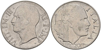 ИТАЛИЯ 20 ЧЕНТЕЗИМО 1940 R, ГОД XVIII, ВИКТОР ЭММАНУИЛ III (1900-1946), МАГНИТНАЯ, ГУРТ РИФЛЁНЫЙ KM 75b, VEM3. 1025 нержавеющая сталь 3853-527