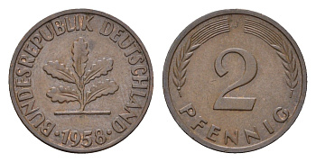 ФРГ 2 пфеннига 1958 J KM 106, J. 381 бронза 4618-663