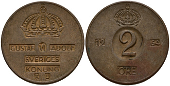 Швеция 2 эре 1964 Густав VI Адольф (1950-1973) KM 821 бронза 4154-739