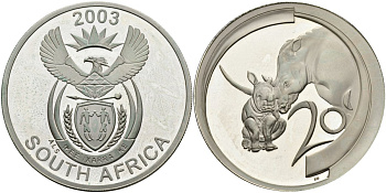 ЮАР 20 центов 2003 серия животный мир Африки, носорог, только в наборах, тираж 700 экземпляров KM 357 серебро PROOF 11-178-45