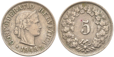 Швейцария 5 раппенов 1948 В KM 26 медно-никель 187-348