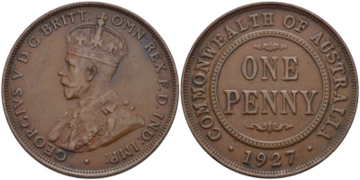 Великобритания 1 пенни 1927 Георг V (1910-1936) KM 826, Spink 4054 бронза 82-722