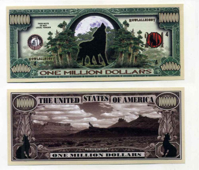 США 1000000 ДОЛЛАРОВ 2004 СУВЕНИРНАЯ БАНКНОТА, ВОЛКИ ВОЮТ НА ЛУНУ бумага UNC (ПРЕСС) 8588-20-4-2